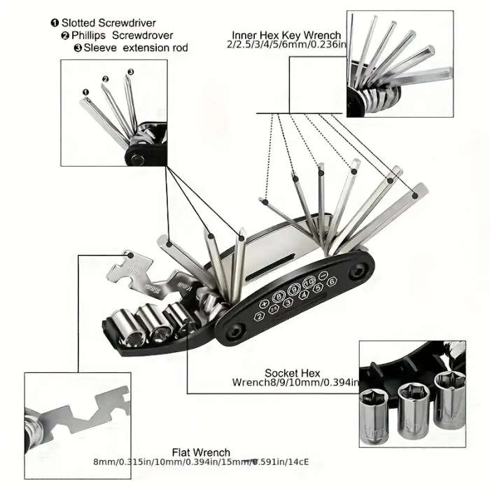1pc 16in1 Stainless Steel Bike Multitool Portable Multi-Purpose Hex Wrench Pocket-Sized Adjustable B