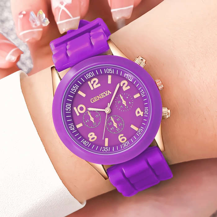 2pcs Fashionable Silicone Quartz Watch Heart Charm Bracelet Set Purple Rose Golden Case with World