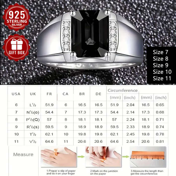 925 Sterling Silver Ring with Square-Cut Black Synthetic Zirconia