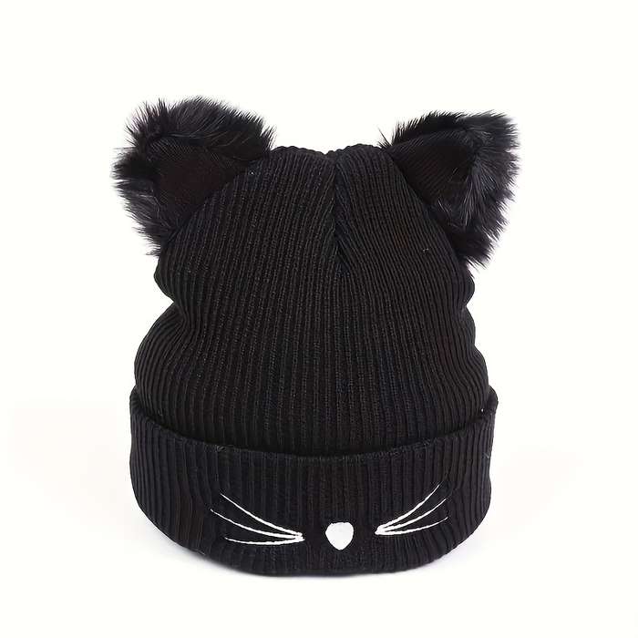 1pc Women's Cute Cat Ear Knit Beanie with Embroidery Acrylic Stretch Skull Cap for Winter Warmth