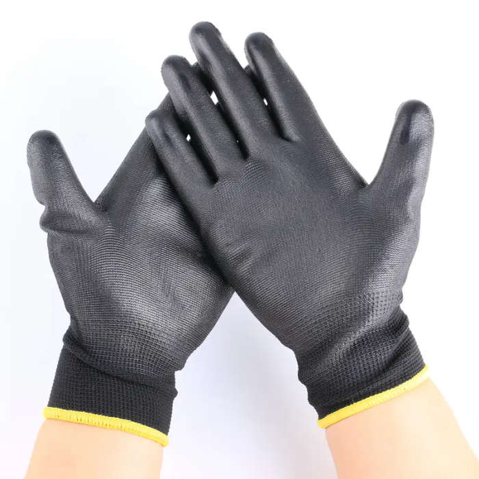 8pcs Durable Black Work Gloves Size L Non-Slip Tear-Resistant PU Coated Palm for Gardening Construct