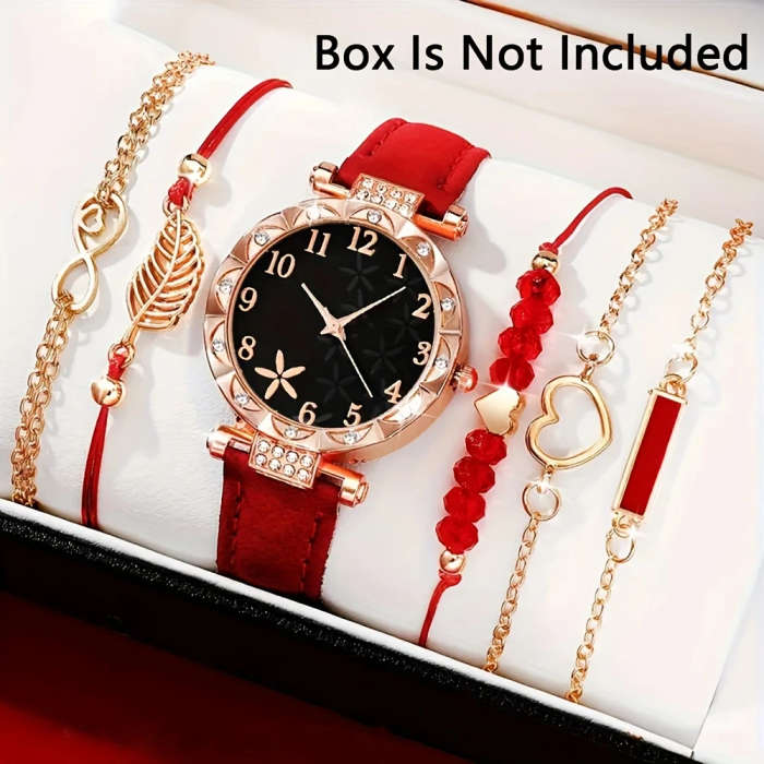 6pcs set Beautifully Designed Printed Rhinestone Quartz Watches with Digital Dial And Bracelets