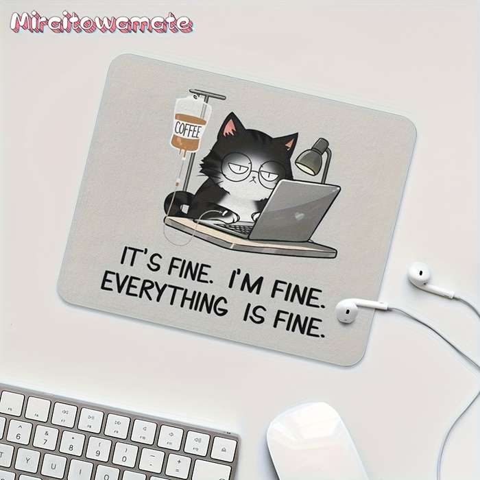 1pc Funny Black Cat Mouse Pad with It's Fine I'm Fine Design 9.45x7.9 Inch Non-Slip R