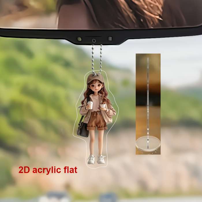 1pc 2D Flat   Acrylic Pendant Cute Girl Drinking Coffee Ornament for Car Rearview Mirror Bag C