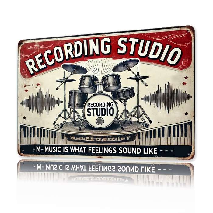 1pc  Vintage Recording Studio Metal Wall Sign 20.32x30.48 cm Retro Drum Set Microphone De