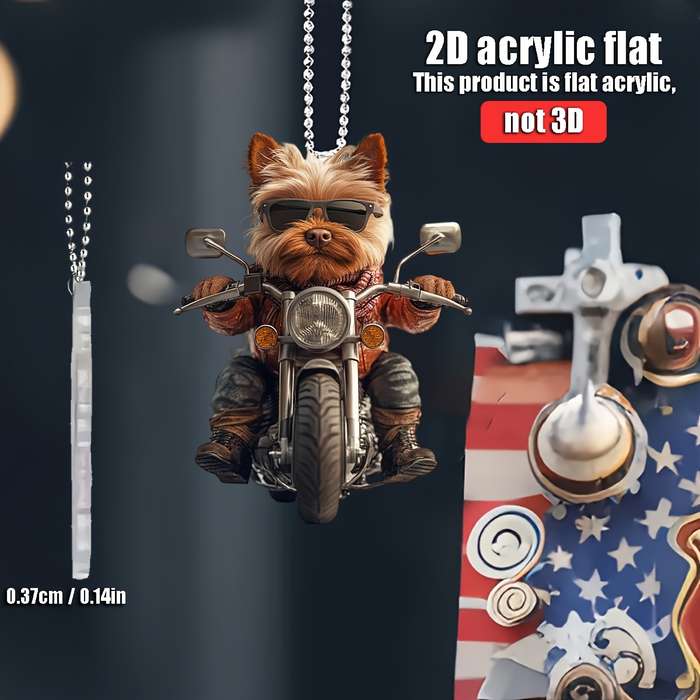 1pc 2D Flat   Yorkshire Terrier Riding Motorcycle  Acrylic Hanging Ornament Flat Design with