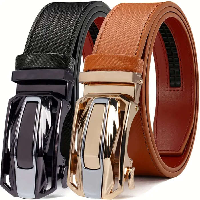 2 Men's Leather Automatic Buckle Belts Black+Tan 125CM
