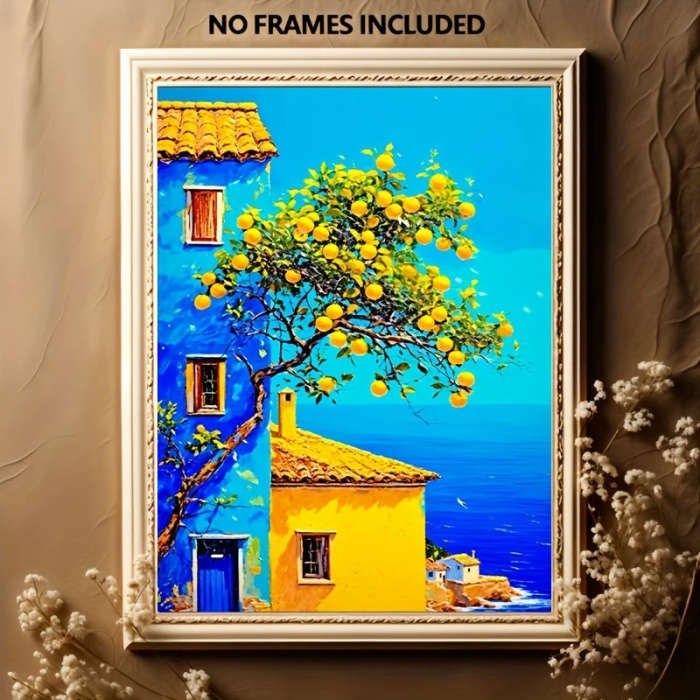 1pc Vibrant Mediterranean Landscape Canvas Print 30.48x40.64cm Artistic House and Fruit Tree Poster