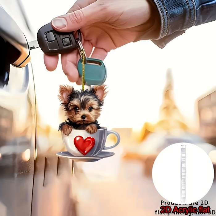 1pc 2D Flat  Adorable Yorkshire Terrier in Teacup Acrylic Pendant Versatile  Charm Hanger for H