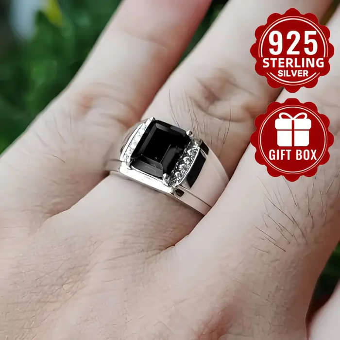 925 Sterling Silver Ring with Square-Cut Black Synthetic Zirconia