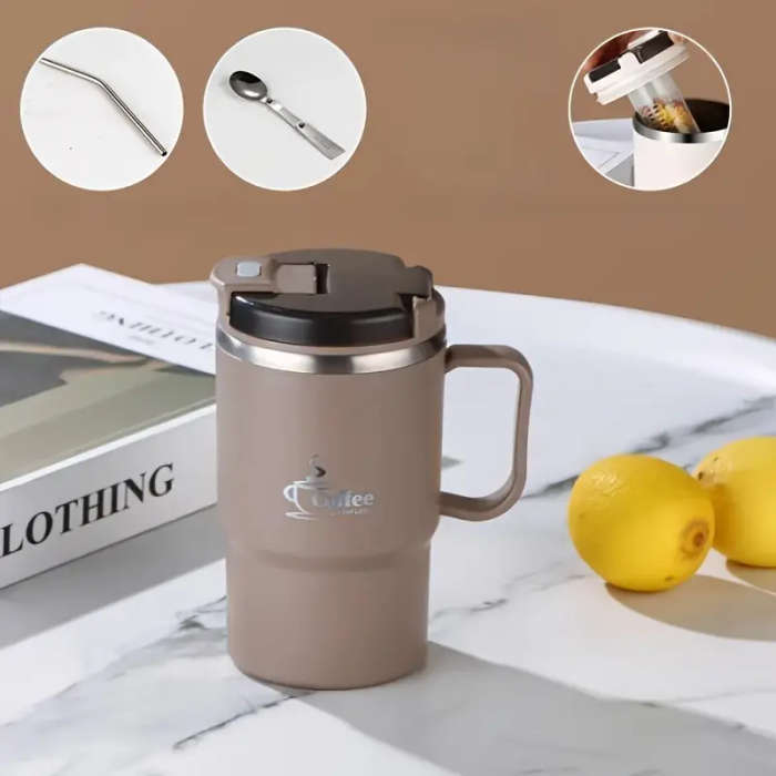 Stainless Steel Insulated Coffee Cup With Lid And Spoon Brown