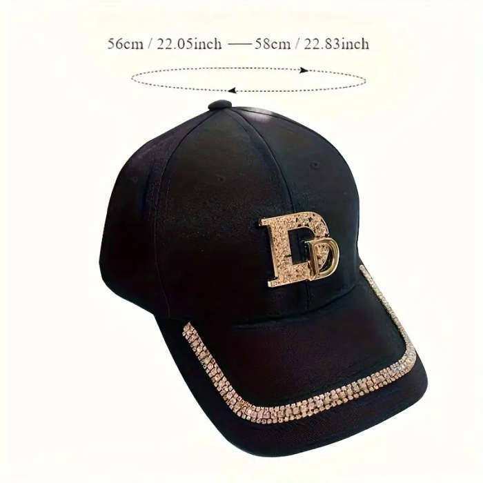 1pc Stylish Black Baseball Cap with Golden Letter D Rhinestone Trim Adjustable Toggle