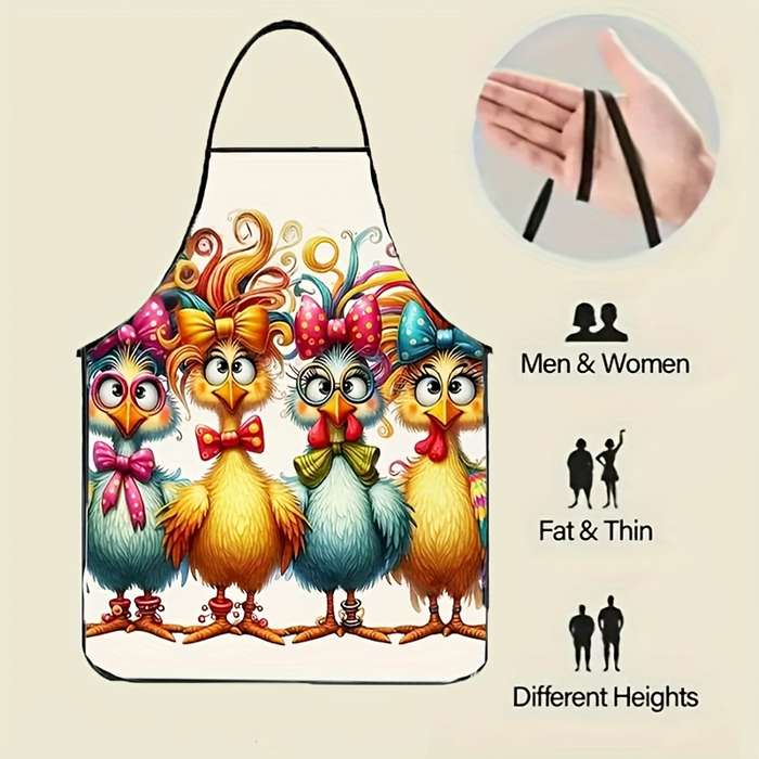 1pc Polyester Apron Colorful Curly Hair Chicken Pattern Woven 150g m? Weight for Cooking B