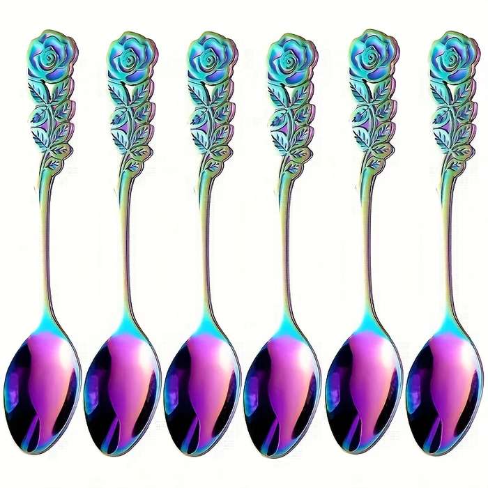 6pcs set stainless steel colored coffee spoon elegant Rose Flower design durable metal Teasp