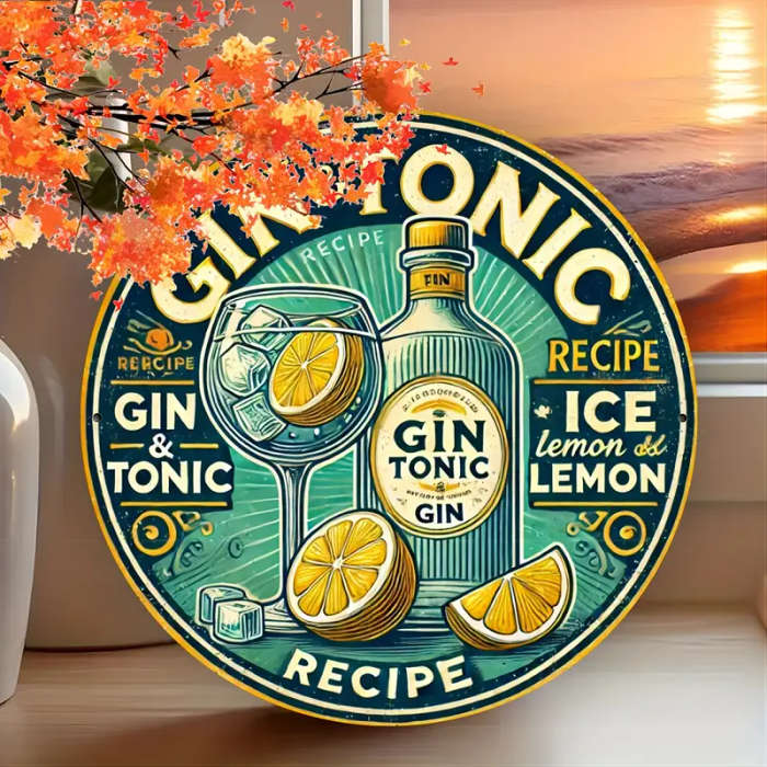 1pc Vintage Cheers Gin Tonic 20.32x20.32cm Round Metal Sign Durable Aluminum Wall Art with Vibrant G