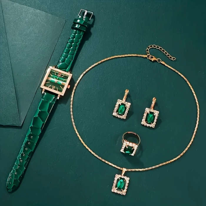 5pcs set Green Quartz Watches with PU Leather Strap Alloy Pointer Alloy Dial and Rhinestone Necklace