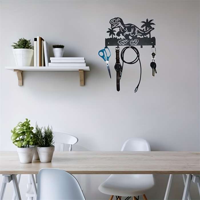 Metallic Dinosaur Coconut Tree Wall Coat Rack with 5 Alloy HooksTropical Palm Tree Key Holder for