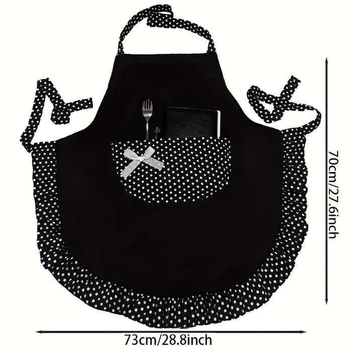 1pc Retro Polka Dot Apron with Ruffle Hem Large Pockets Black and White Vintage Kitchen Ba