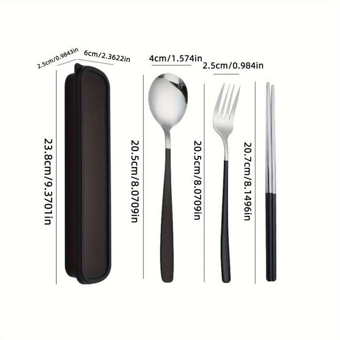 Set Of 4 Stainless Steel Portable Cutlery Including Fork Spoon And Chopsticks With A Reusab