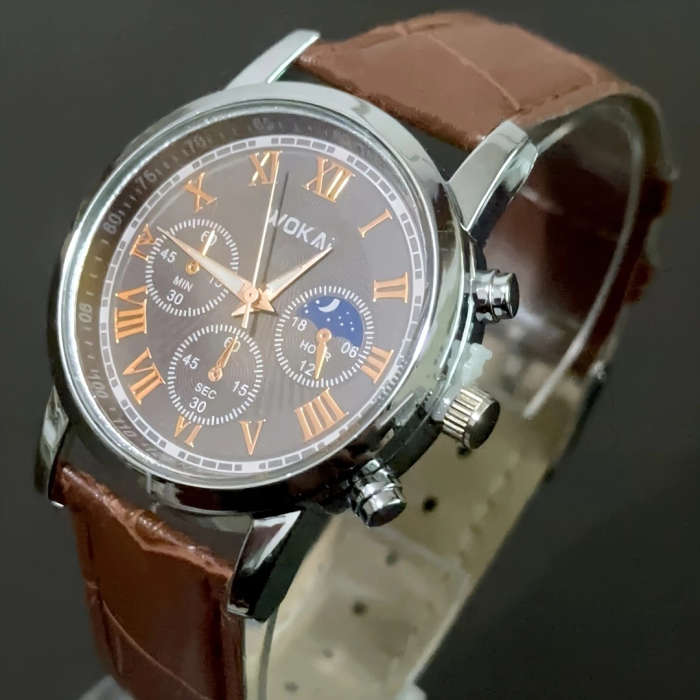 1pc Men's Business Sports Watch with Roman Numerals Black Faux Leather Strap and Moon Phase Display