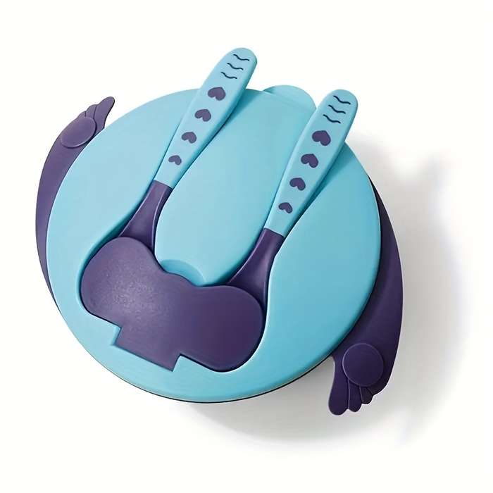 6pcs Baby Feeding Set BPA-Free Plastic Silicone Non-Slip Suction 3-Compartment Plate Ute