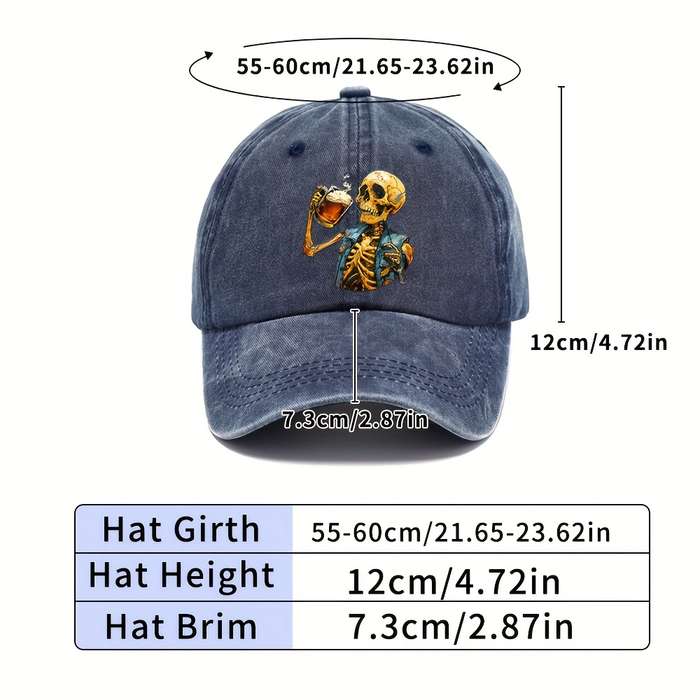 1pc Halloween Skeleton Holding Wine Baseball Cap Adjustable Vintage Casual Hat Unisex Breathable