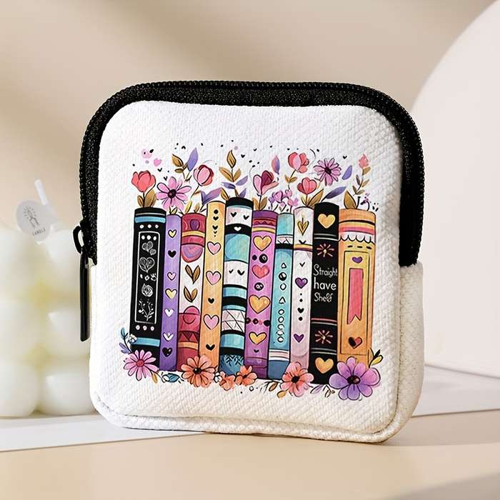 1pc 1pc Flower and Book Pattern Printed Coin Purse with Buckle and Zipper Pockets Multifunctional