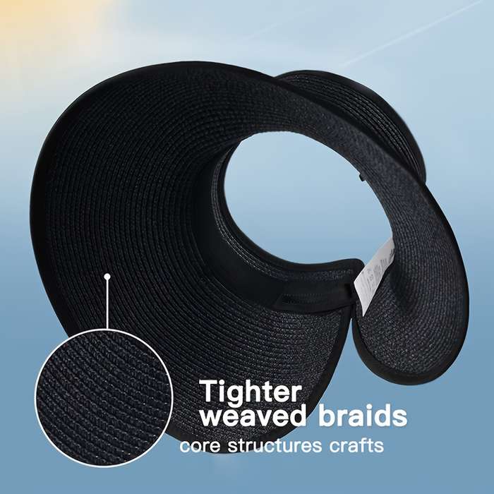 1pc Women'S Wide Brim Straw Sun Visor Hat Packable Foldable Summer Beach Travel Ponytail Hat