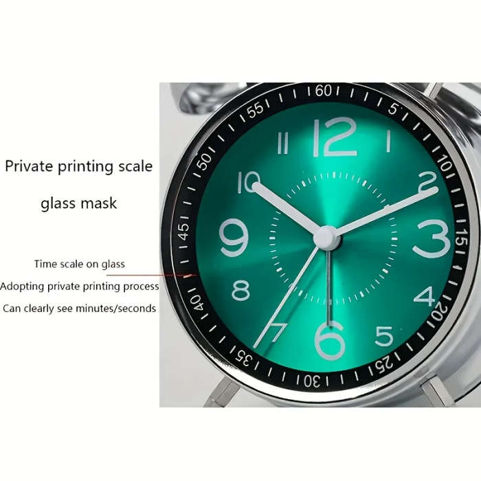 1pc Chic Metal Alarm Clock with Glass Face Luminous Silent Quartz Movement Anti-Fall Design