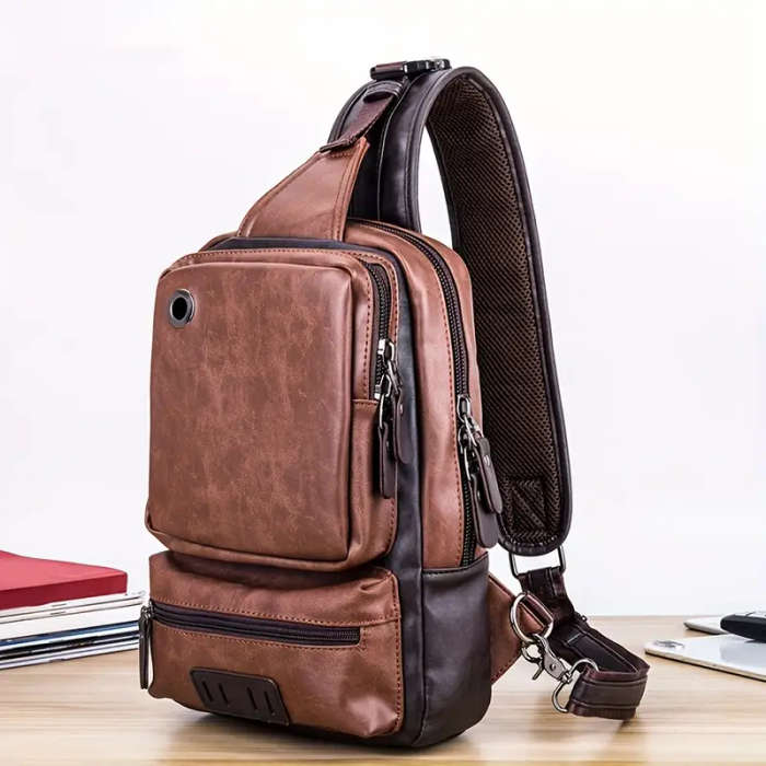 Men's Large Capacity Chest Backpack Retro Multi-layer Slant Shoulder Bag With Earphone Cables Hole