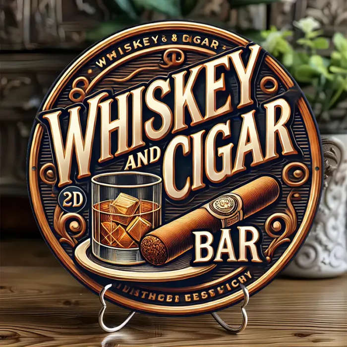 1pc Vintage Whiskey Cigar Metal Wall Art 20.32X20.32cm Aluminum Sign for Bar Man Cave and Home Decor