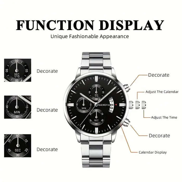 2pcs Watch Set: Stylish Alloy Round Case with Calendar