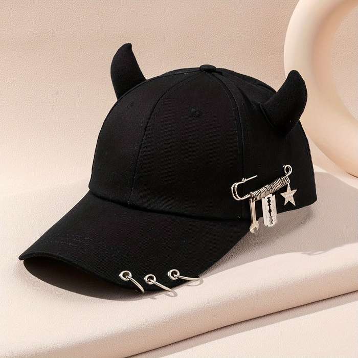 1pc Street Style Hip-Hop Baseball Cap with Unique Horn Accents Safety Pins Charms 100% Polyest