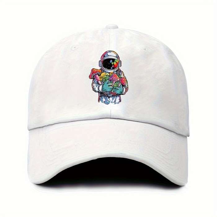 1pc Colorful Astronaut with Assorted Mushrooms Print Baseball Cap Vintage Fun Cotton Adjustable S