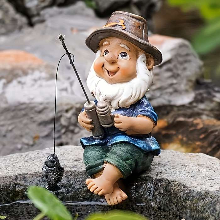 1pc 2D Flat  Whimsical Resin Fishing Gnome Figurine Durable Weather-Resistant Outdoor Garden Pond D