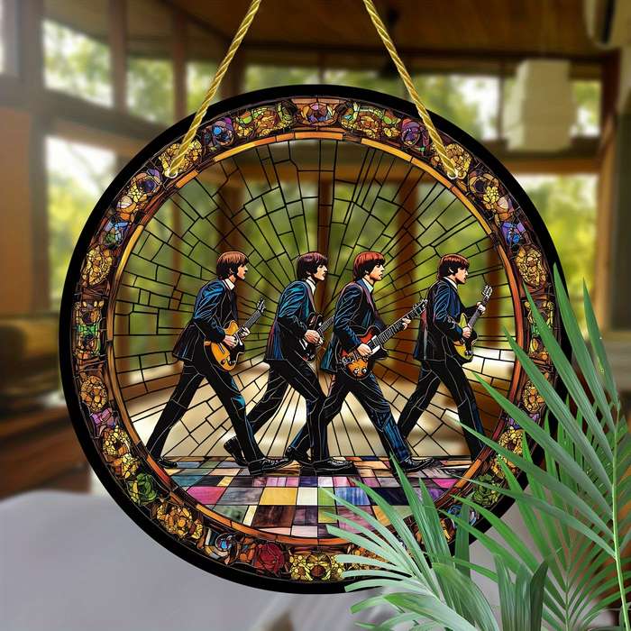 1pc 2D Flat 20.32cm Round Acrylic Sun Catcher with Stained Glass Style Iconic Beatles Design Vi