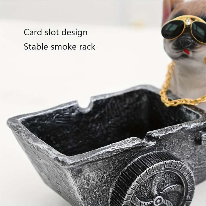 1pc Art Deco Resin Dog Ashtray with Glasses and Golden Chain Creative Decorative Pet Cart Design