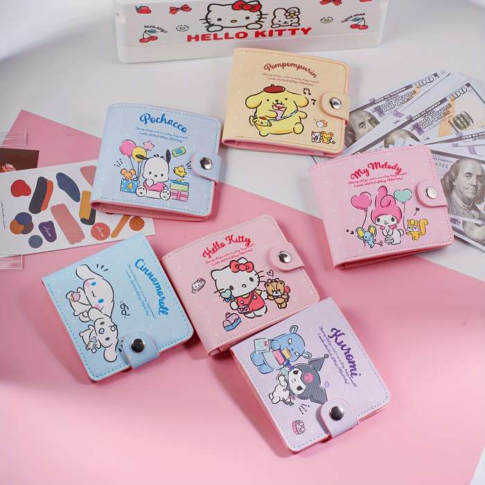 1pc Sanrio Cartoon Cute Wallet Pink Yellow Blue Purple Multi-Compartment Wallet with Button