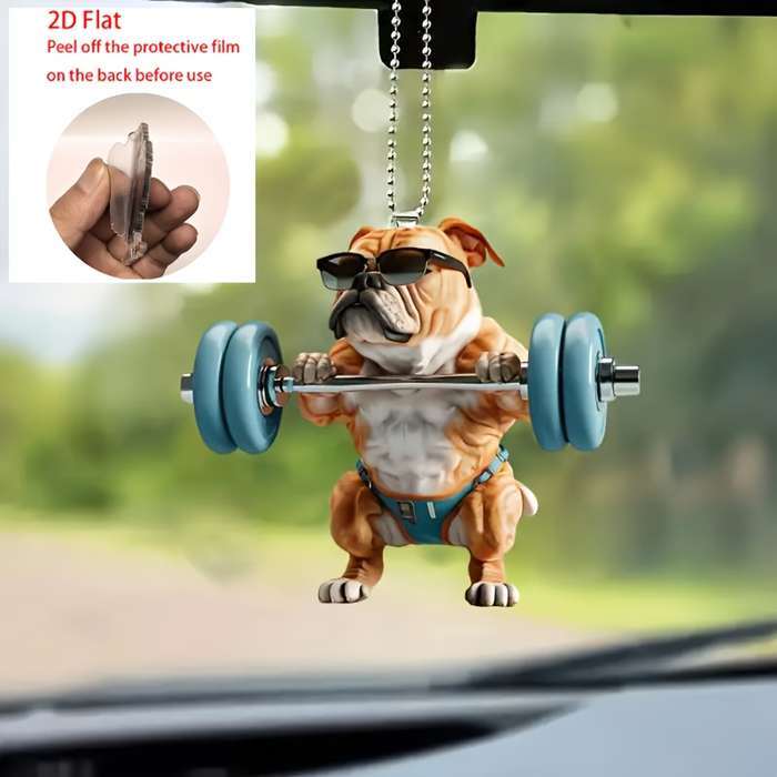 1pc 2D Flat   Funny Bulldog Acrylic Pendant with Glasses Dumbbells 7.98cm Fitness-Themed Ca