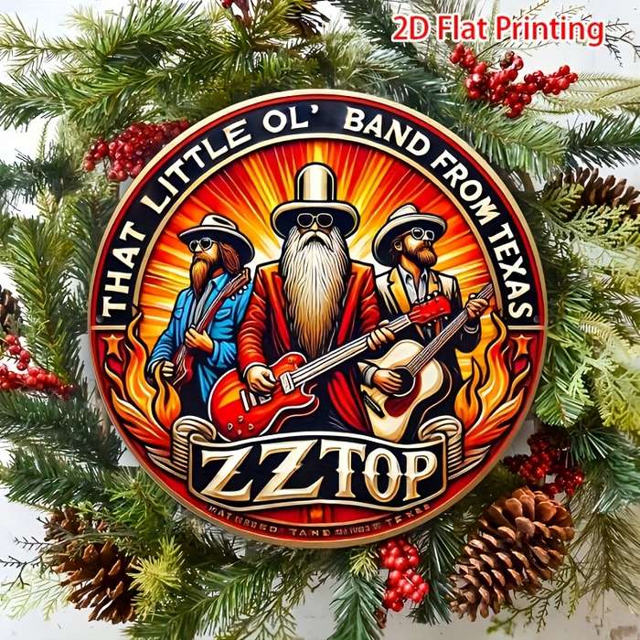 1pc 2D Flat Round 20.32x20.32 cm Vintage ZZ Top Aluminum Round Sign es Fiery Texas Band Desig