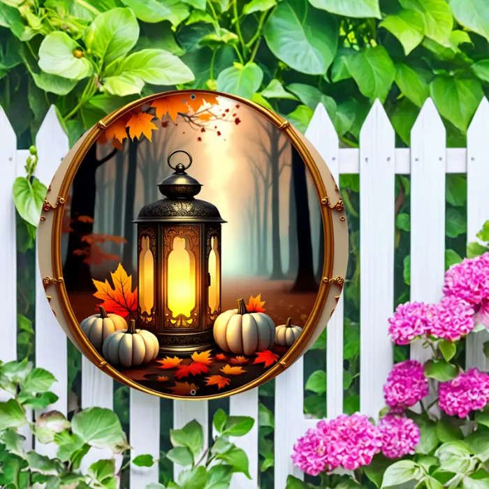 1pc Rustic Lantern Pumpkin Design Aluminum Wall Sign 19.99 cm Round Safe Rounded Corners Easy Instal
