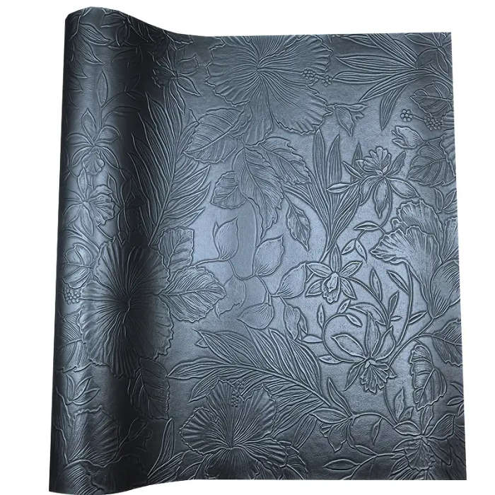 1 11.75 x 53.5 inch Leaf and Flower Embossed Faux Leather Fabric Roll Black
