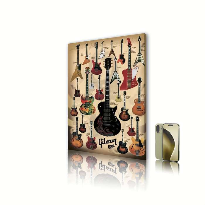 1pc Gibson Guitars Showcase Wooden Framed Canvas Wall Art Vintage Music Decor with 12 Iconic Elec