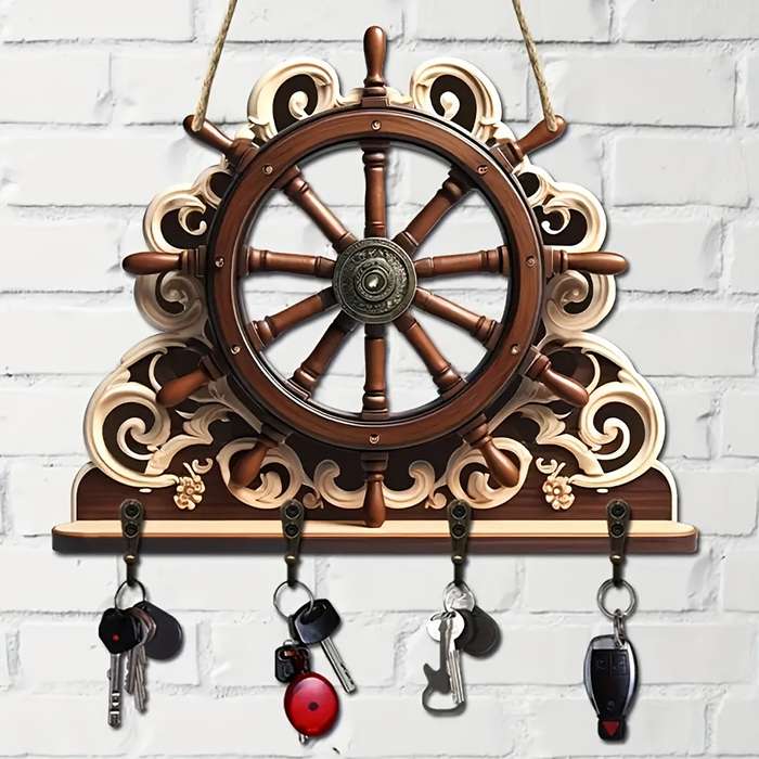 1pc Nautical Rudder Wall Key Holder with 4 Metal Hooks Manufactured Wood Hanging Storage General F