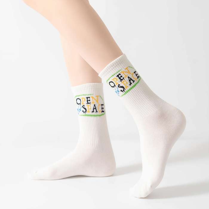 4 Pairs Of White Socks With Black Letters One Size High Elastic Socks