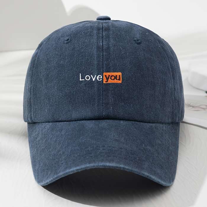 1pc Love You Embroidered Baseball Cap Vintage Gray Adjustable Fit Sun Protection Polyester