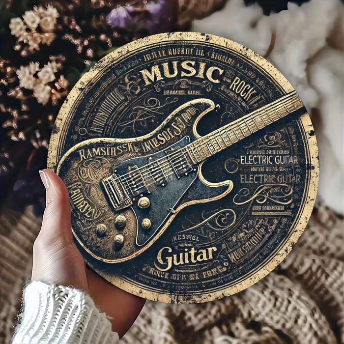 1pc Vintage Round Aluminum Tin Sign with Guitar Design 1 Piece Foil Engraved Metal Signage Durab