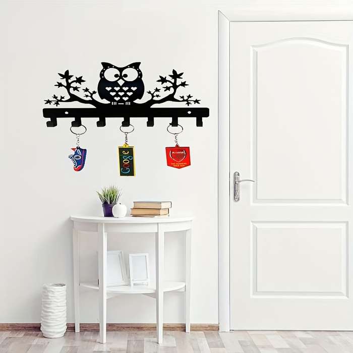 Charming Owl-Shaped Metal Wall Key Hook with 7 HooksEasy Install Powder-Coated Finish for Coats