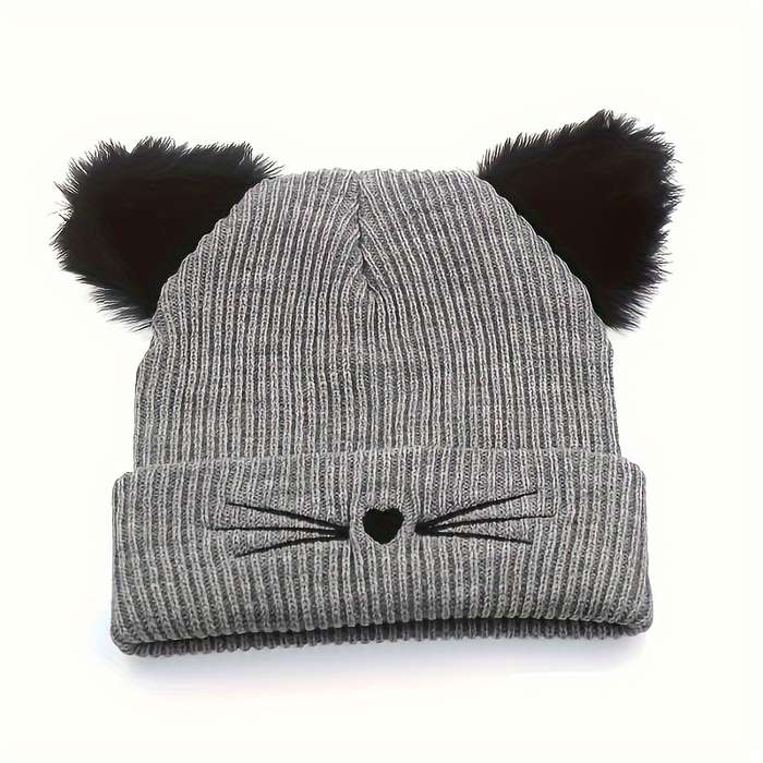 1pc Women's Cute Cat Ear Knit Beanie with Embroidery Acrylic Stretch Skull Cap for Winter Warmth