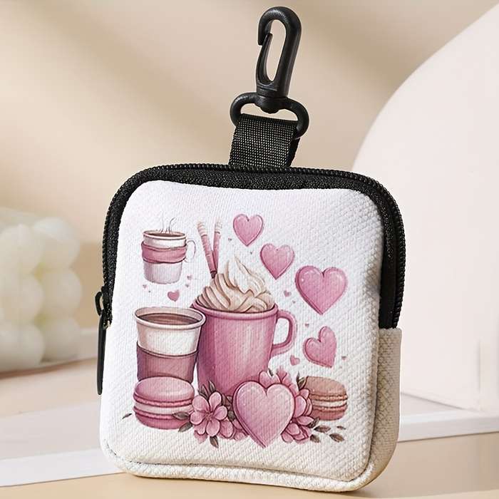 1pc Charming Pink Coffee Heart Pattern Mini Wallet Portable Organizer for Keys Cards Small I